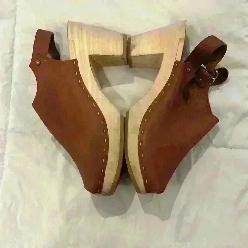 Bryr Suzie Spanish Open Toe Leather Slingback Wood Clogs EU39 - Picture 2 of 5